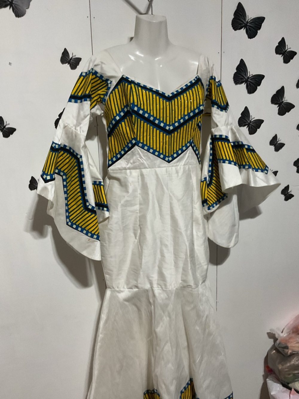 White Maxi Dress with Yellow & Navy Chevron Accents - Picture 2 of 9
